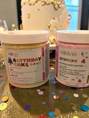 Aminnah Birthday Cake Sugar Polish and Birthday Cake Whipped Body Butter